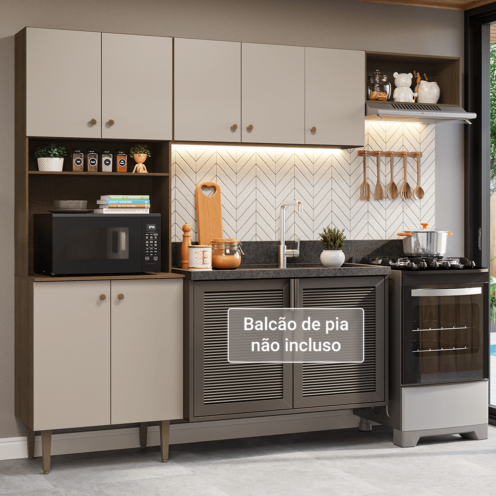 Armário de Cozinha Compacta 235cm Rustic/Crema Gourmet Madesa XA03 - Rustic/Crema