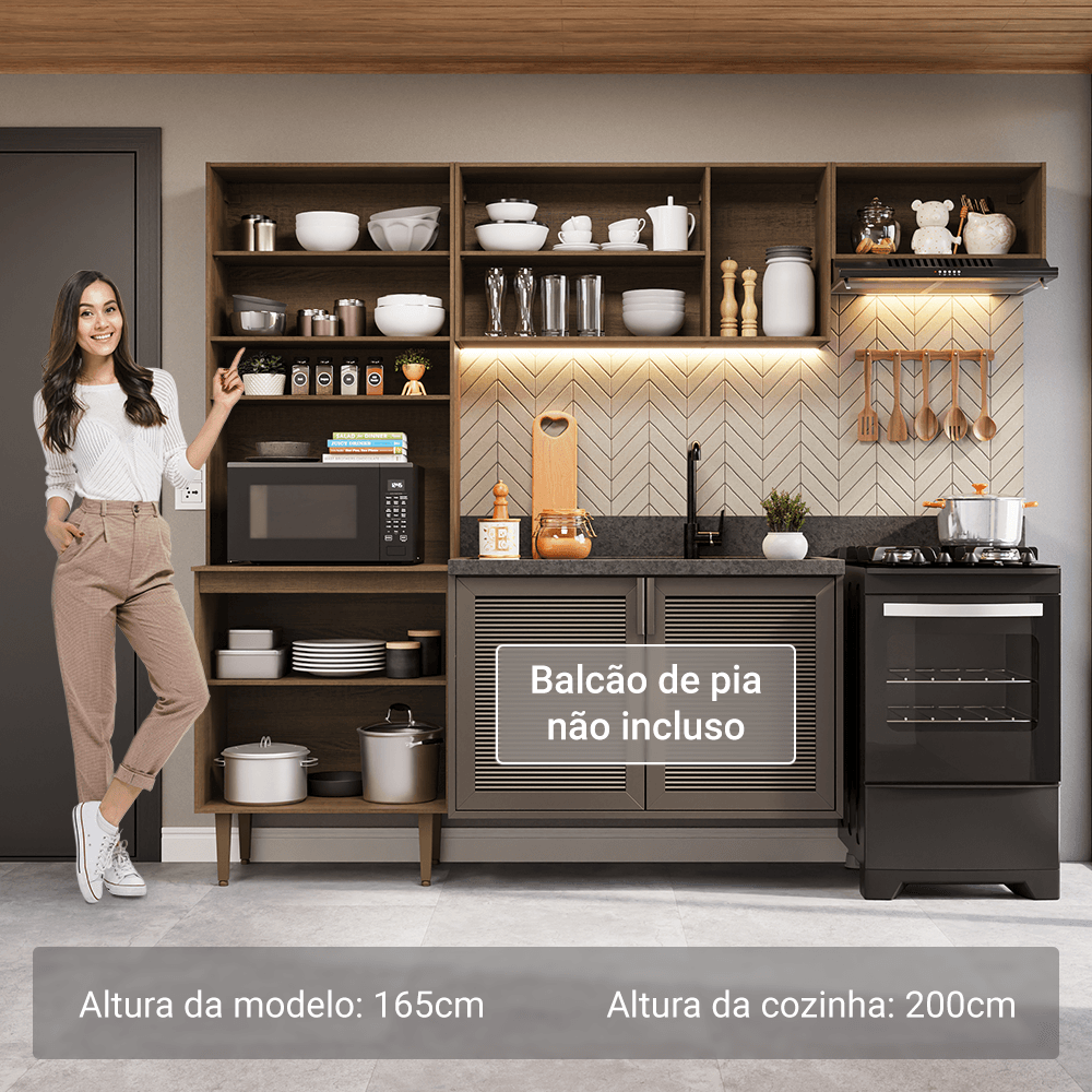 Armário de Cozinha Compacta 235cm Rustic/Preto Gourmet Madesa XA03