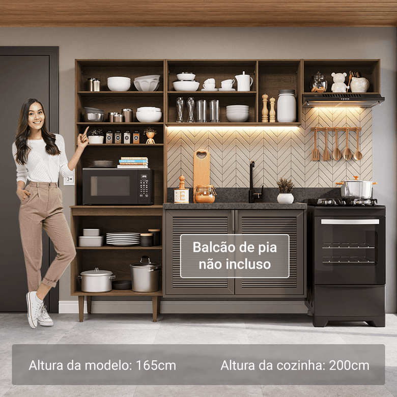 Armário de Cozinha Compacta 235cm Rustic/Preto Gourmet Madesa XA03