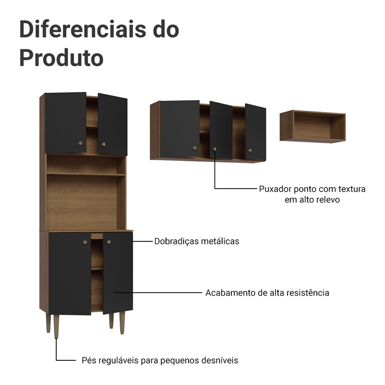 Armário de Cozinha Compacta 235cm Rustic/Preto Gourmet Madesa XA03