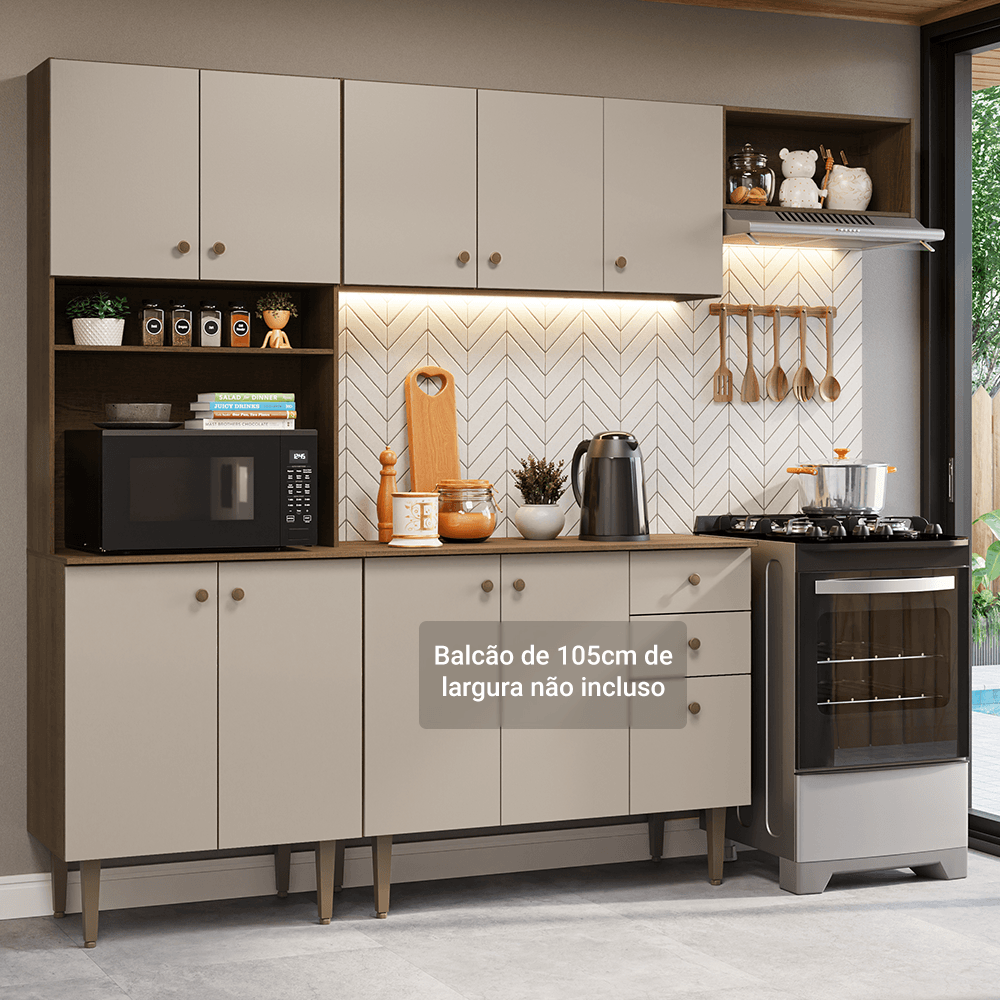 Armário de Cozinha Compacta 235cm Rustic/Crema Gourmet Madesa XC03 - Rustic/Crema