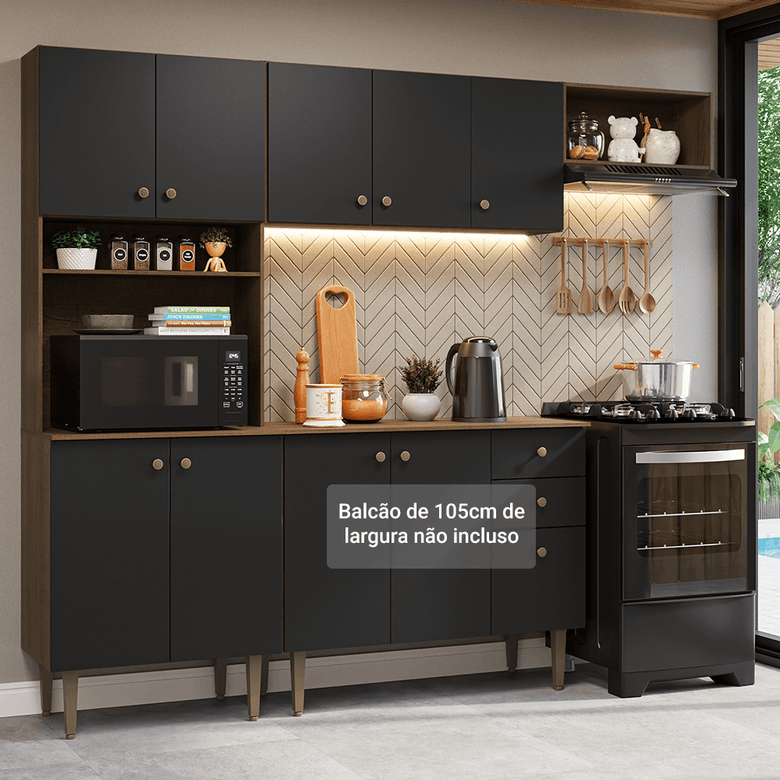 Armário de Cozinha Compacta 235cm Rustic/Preto Gourmet Madesa XC03