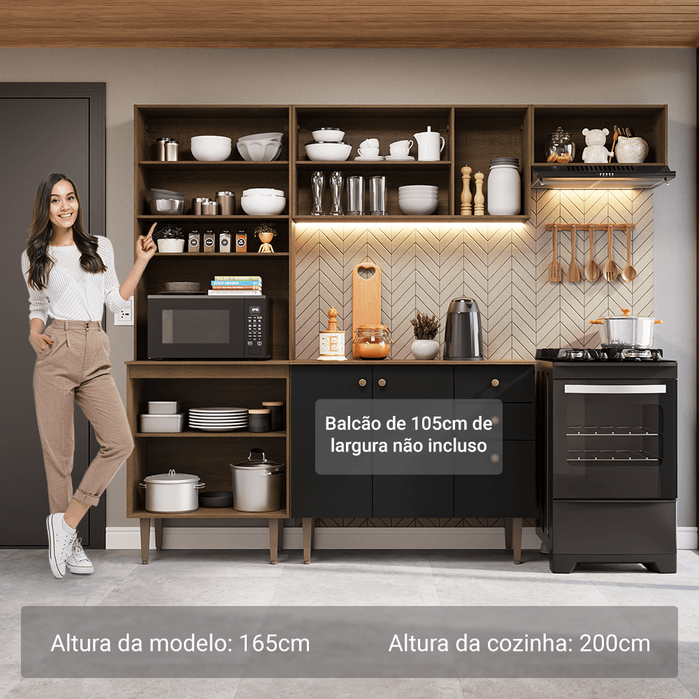 Armário de Cozinha Compacta 235cm Rustic/Preto Gourmet Madesa XC03
