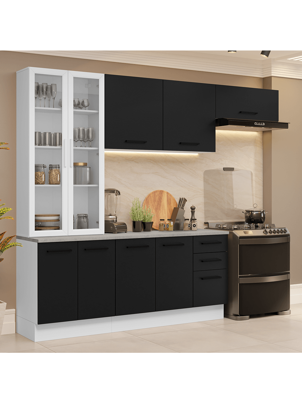Armário de Cozinha Completa 270cm Branco/Preto Agata Madesa 11 - Branco/Preto