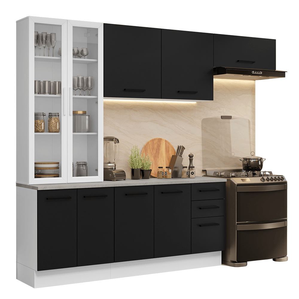 Armário de Cozinha Completa 270cm Branco/Preto Agata Madesa 11 - Branco/Preto