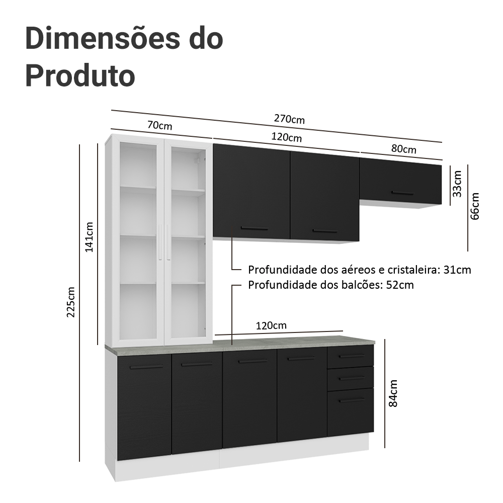 Armário de Cozinha Completa 270cm Branco/Preto Agata Madesa 11