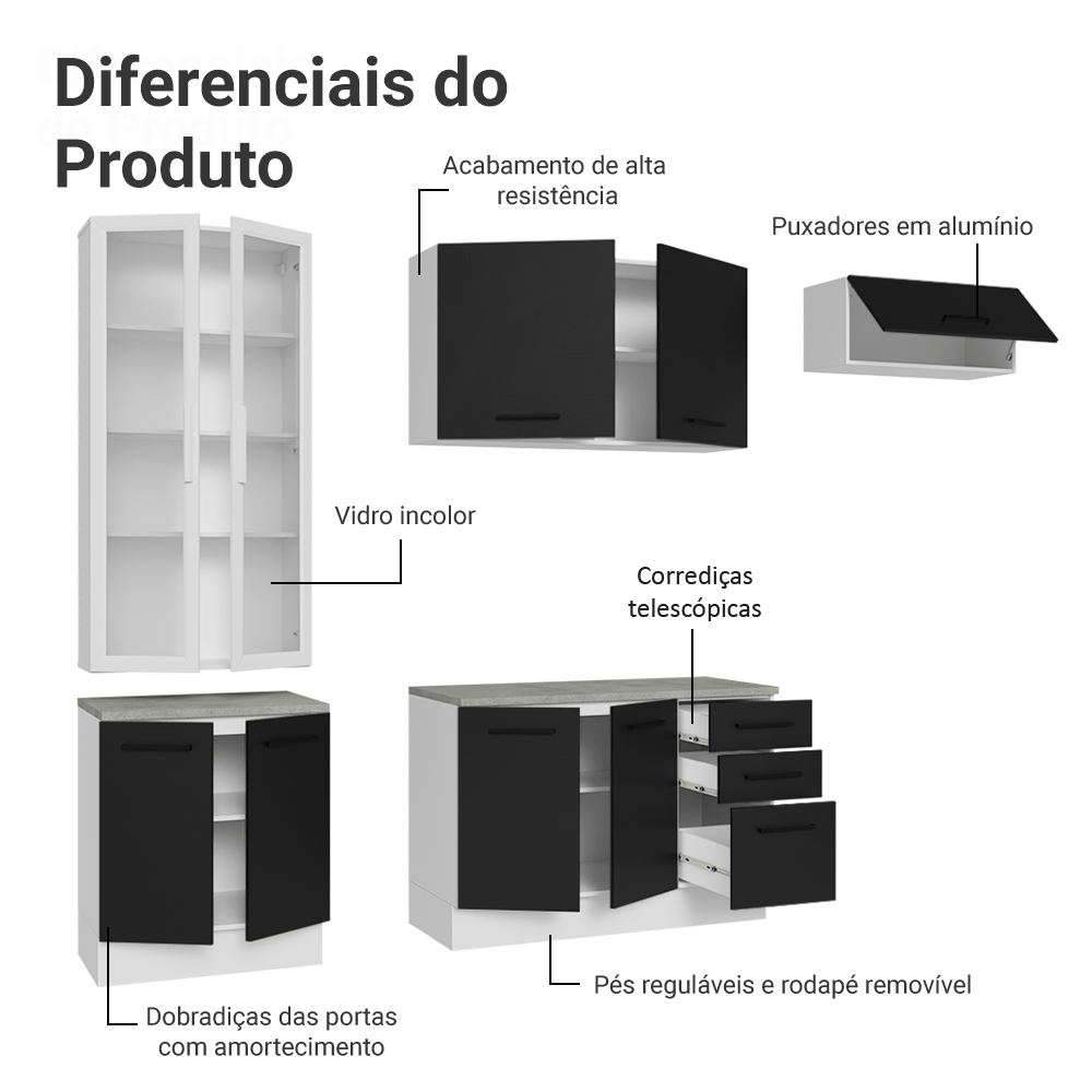 Armário de Cozinha Completa 270cm Branco/Preto Agata Madesa 11