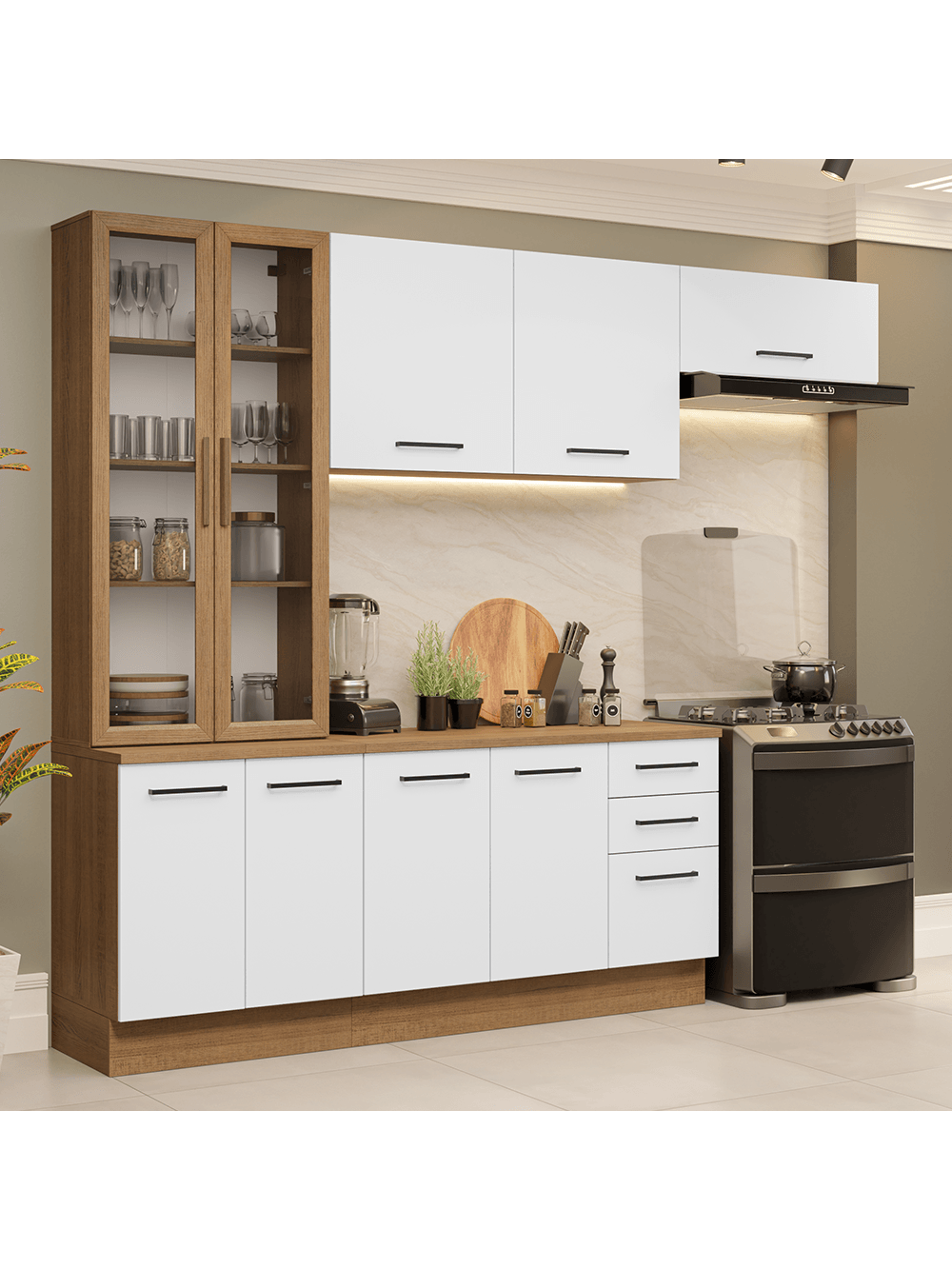 Armário de Cozinha Completa 270cm Rustic/Branco Agata Madesa 11 - Rustic/Branco