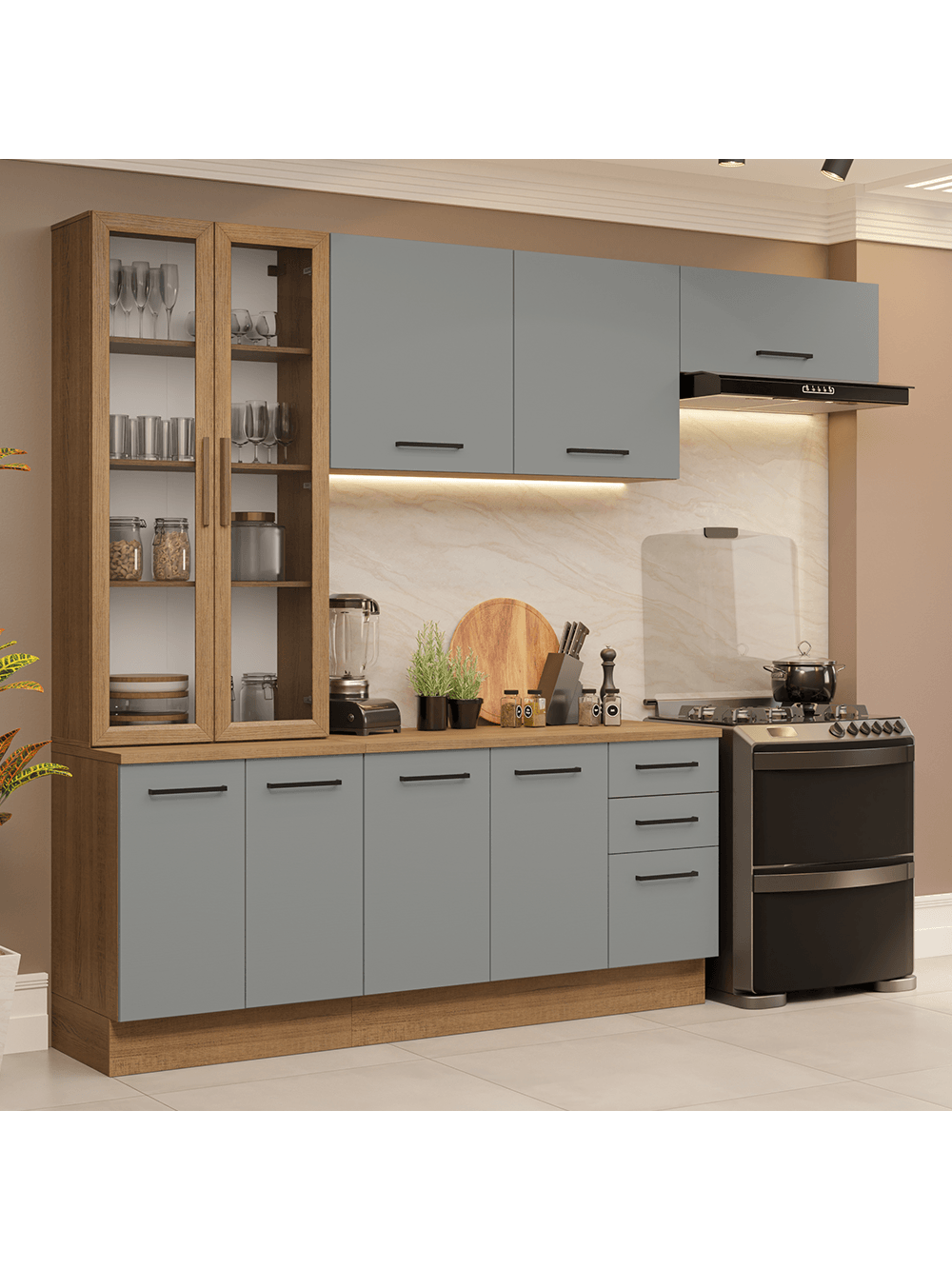Armário de Cozinha Completa 270cm Rustic/Cinza Agata Madesa 11 - Rustic/Cinza