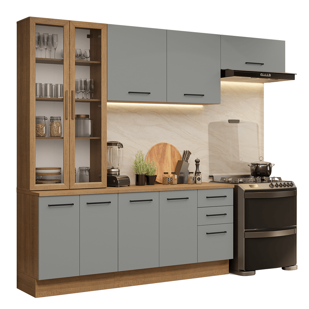 Armário de Cozinha Completa 270cm Rustic/Cinza Agata Madesa 11 - Rustic/Cinza