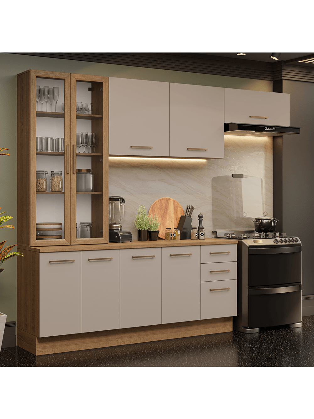 Armário de Cozinha Completa 270cm Rustic/Crema Agata Madesa 11 - Rustic/Crema