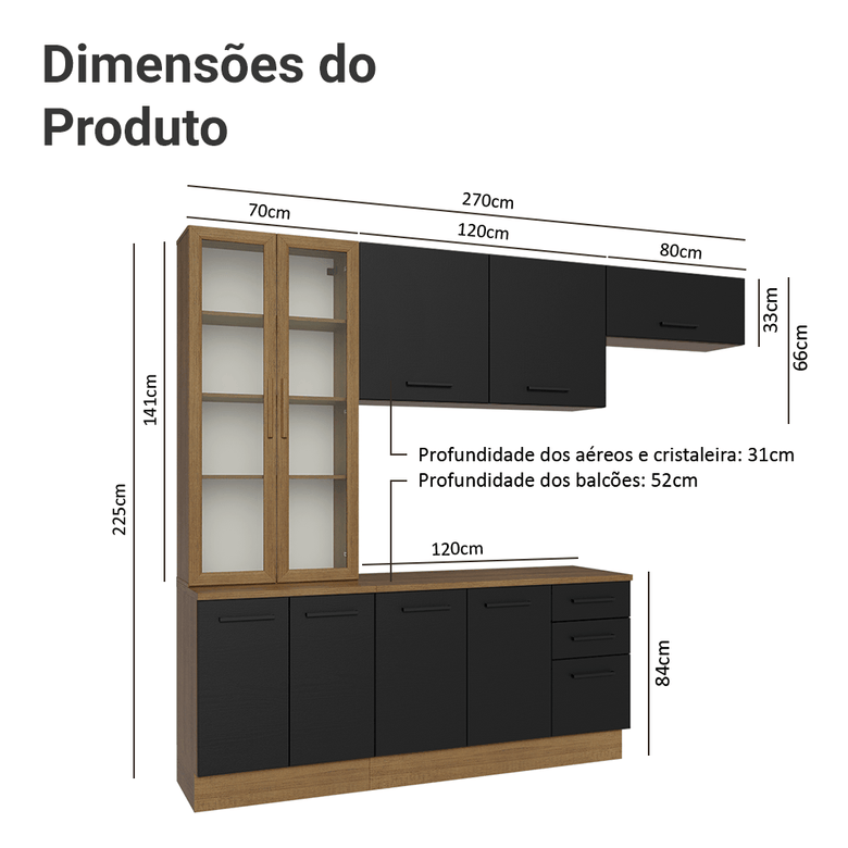 Armário de Cozinha Completa 270cm Rustic/Preto Agata Madesa 11