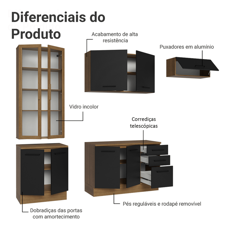 Armário de Cozinha Completa 270cm Rustic/Preto Agata Madesa 11