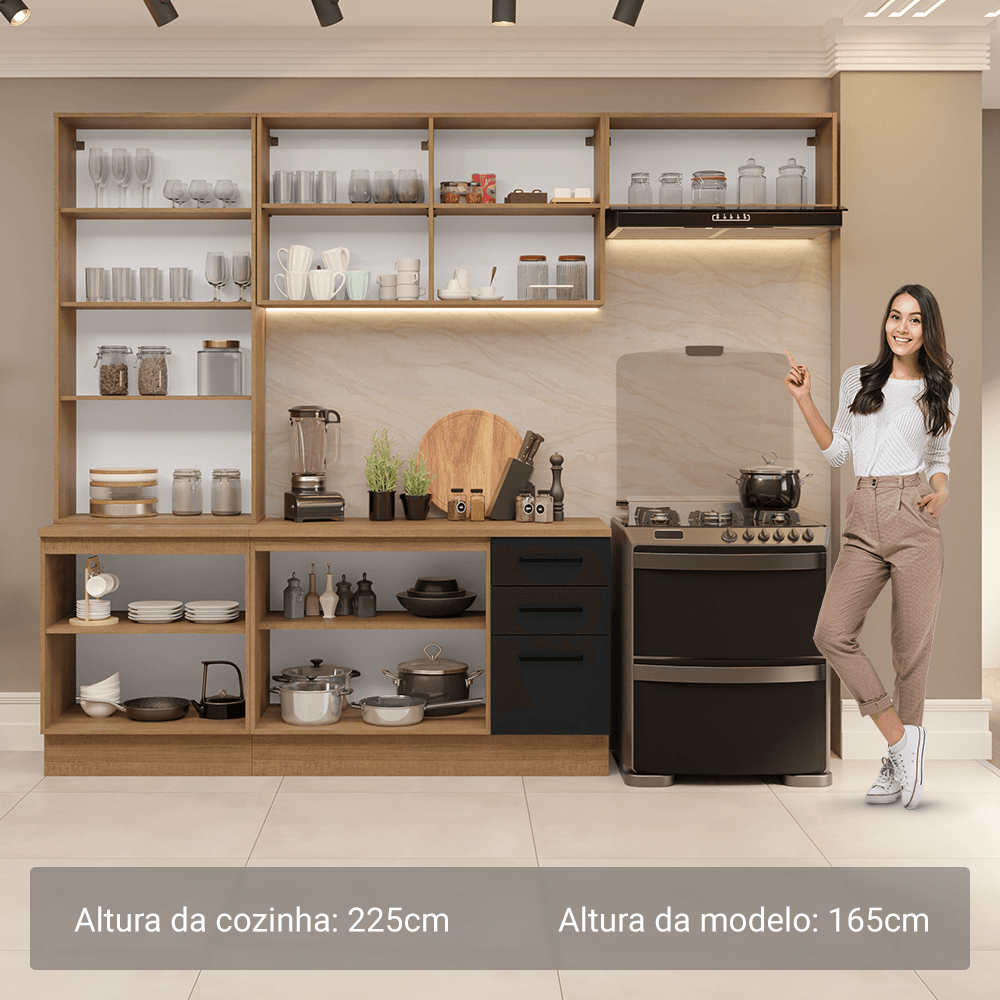 Armário de Cozinha Completa 270cm Rustic/Preto Agata Madesa 11