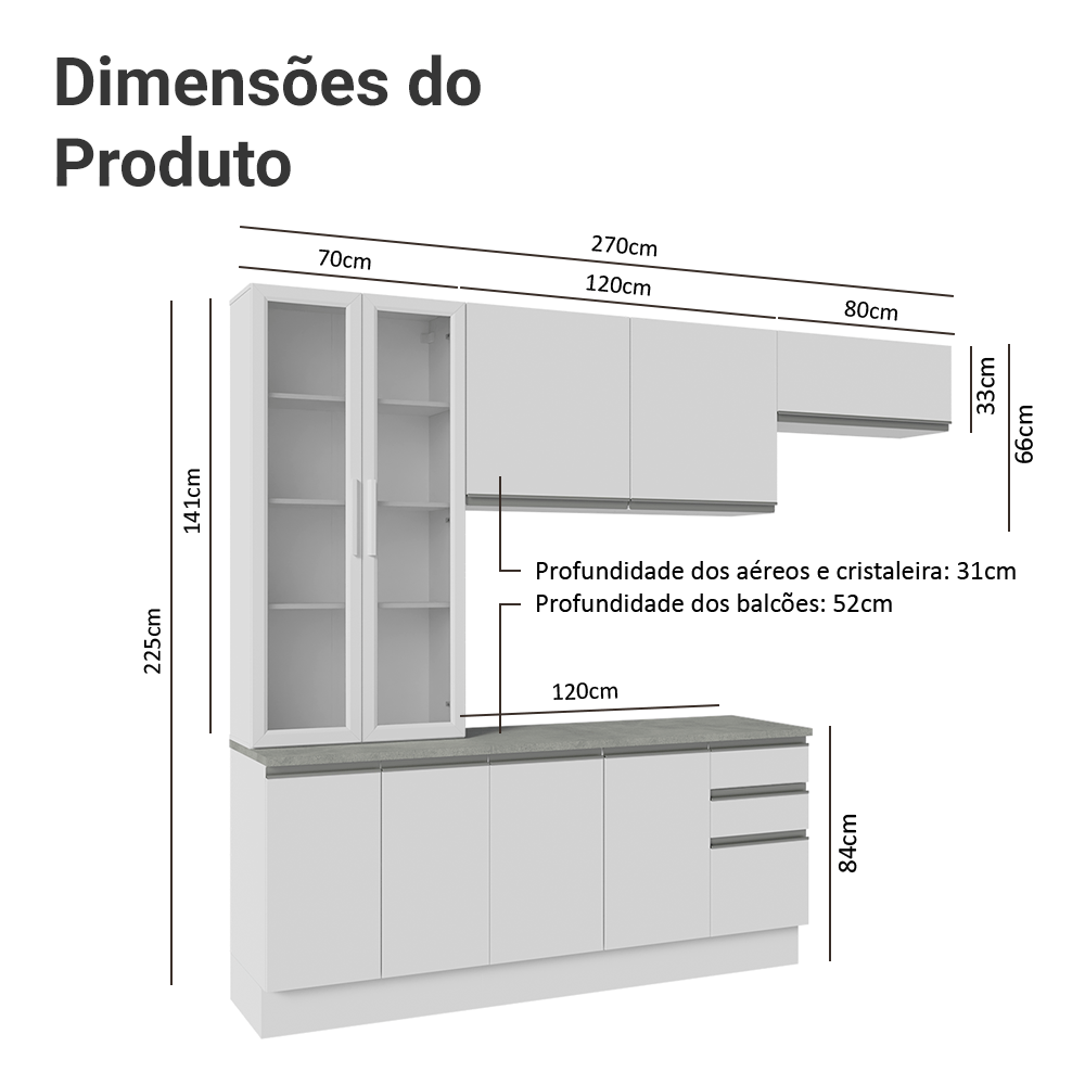 Armário de Cozinha Completa 270cm Branco Glamy Madesa 16