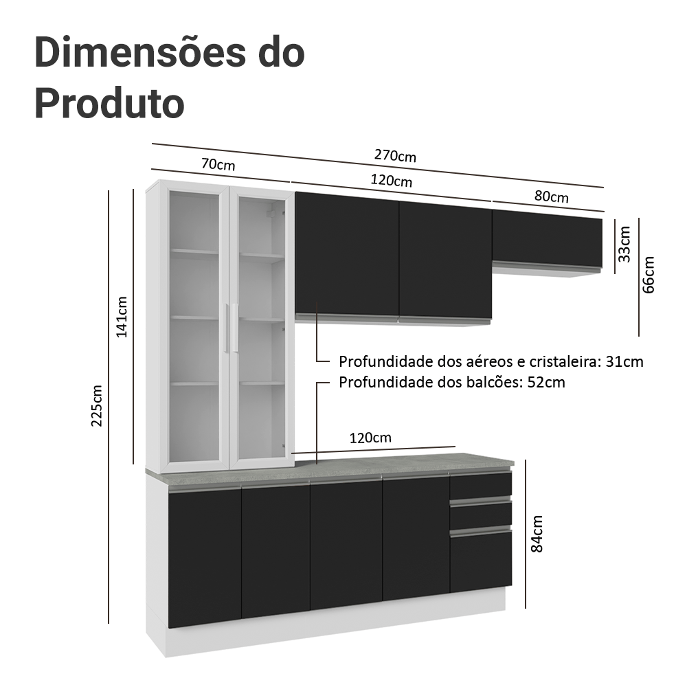 Armário de Cozinha Completa 270cm Branco/Preto Glamy Madesa 16