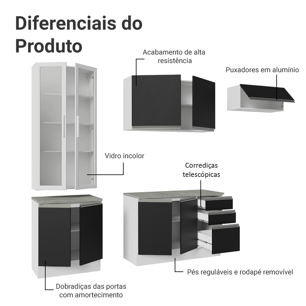 Armário de Cozinha Completa 270cm Branco/Preto Glamy Madesa 16