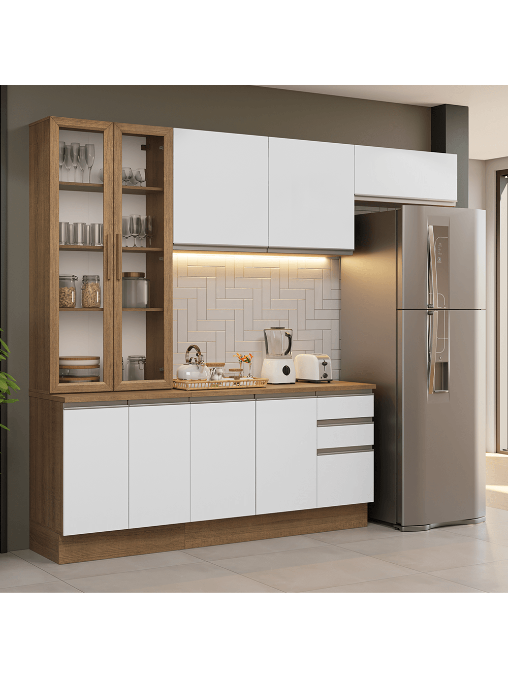 Armário de Cozinha Completa 270cm Rustic/Branco Glamy Madesa 16 - Rustic/Branco