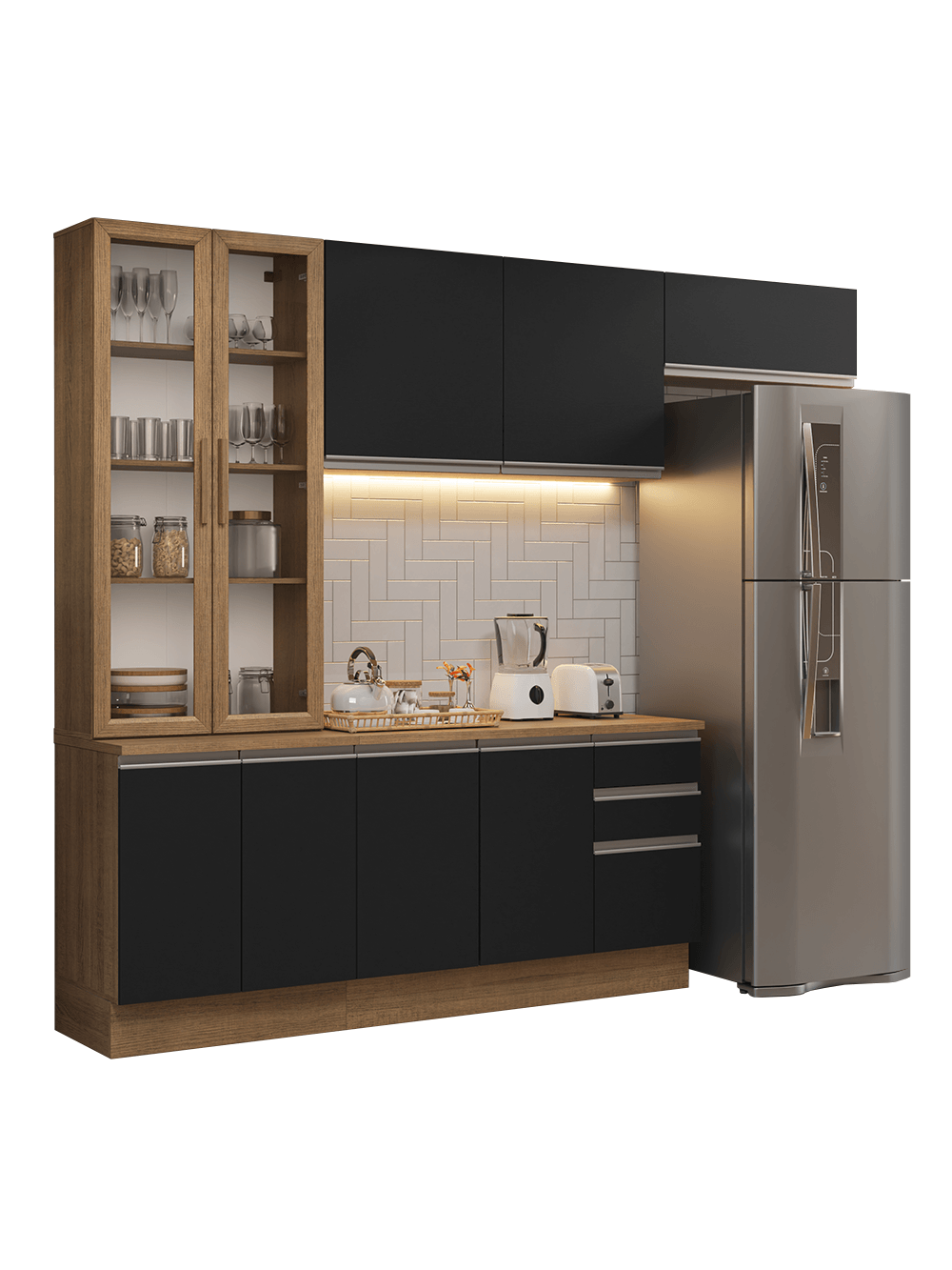 Armário de Cozinha Completa 270cm Rustic/Preto Glamy Madesa 16 - Rustic/Preto