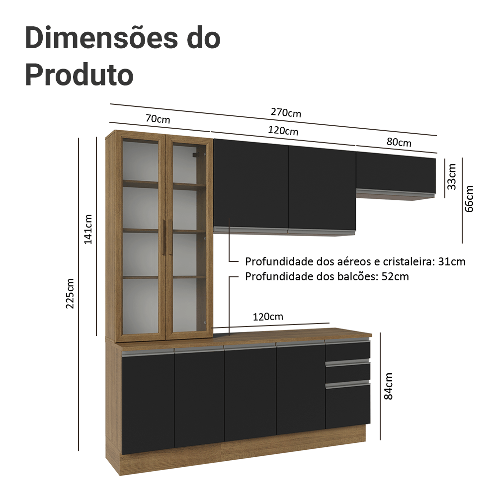 Armário de Cozinha Completa 270cm Rustic/Preto Glamy Madesa 16
