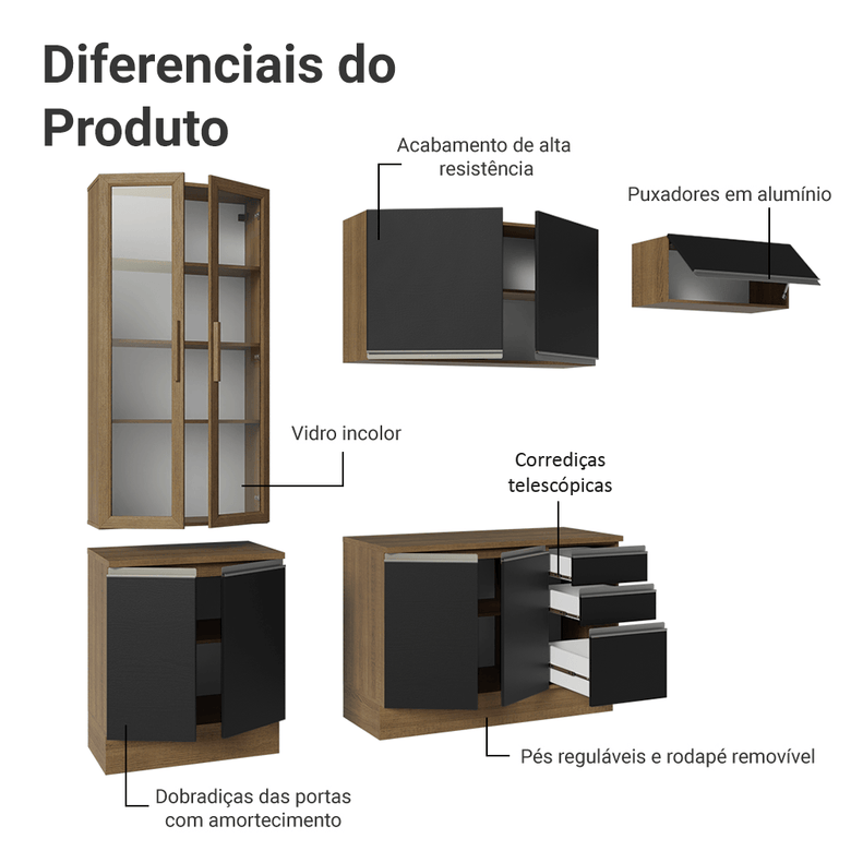Armário de Cozinha Completa 270cm Rustic/Preto Glamy Madesa 16