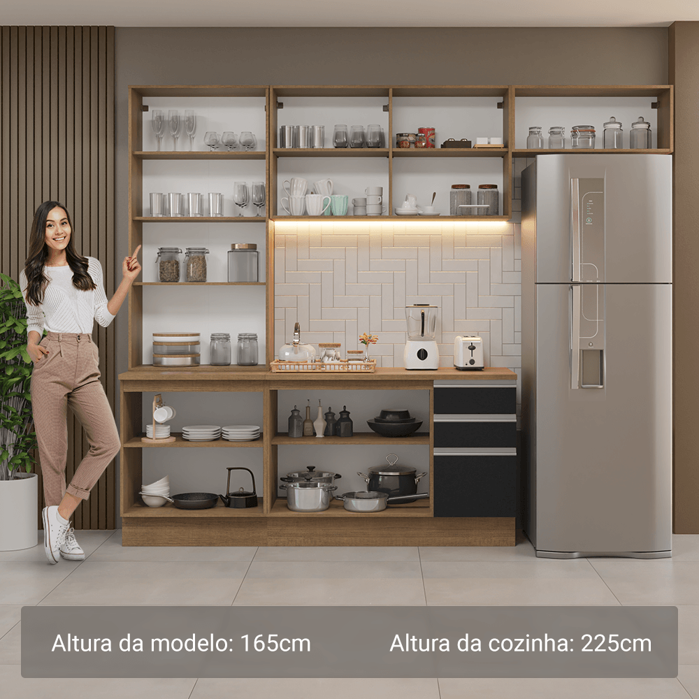 Armário de Cozinha Completa 270cm Rustic/Preto Glamy Madesa 16