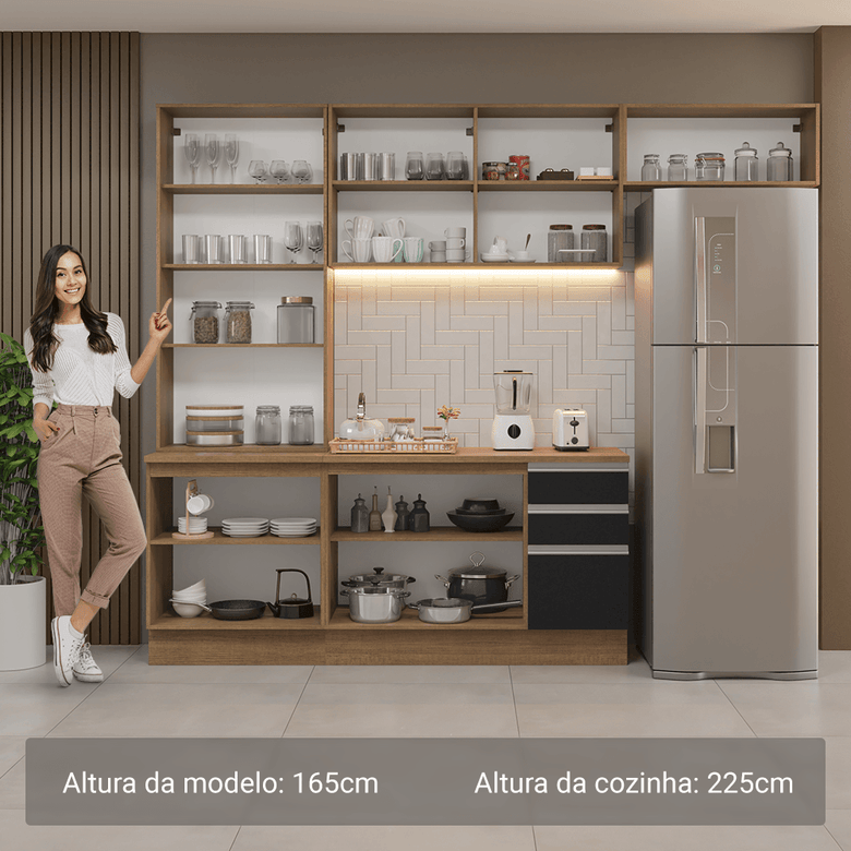 Armário de Cozinha Completa 270cm Rustic/Preto Glamy Madesa 16