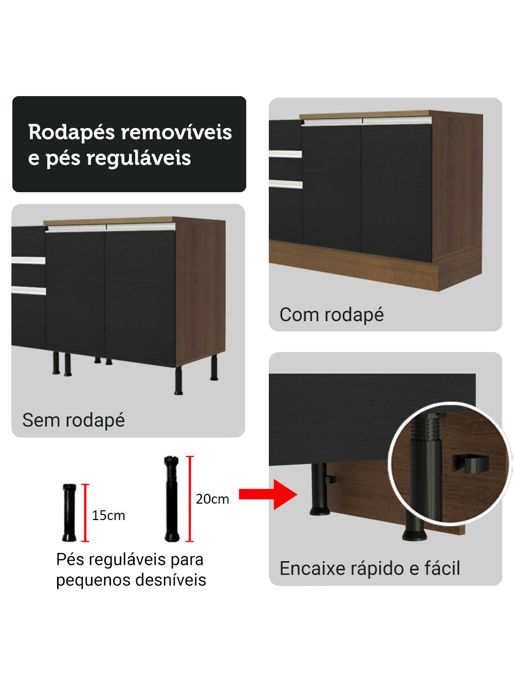 Armário de Cozinha Completa 270cm Rustic/Preto Glamy Madesa 16