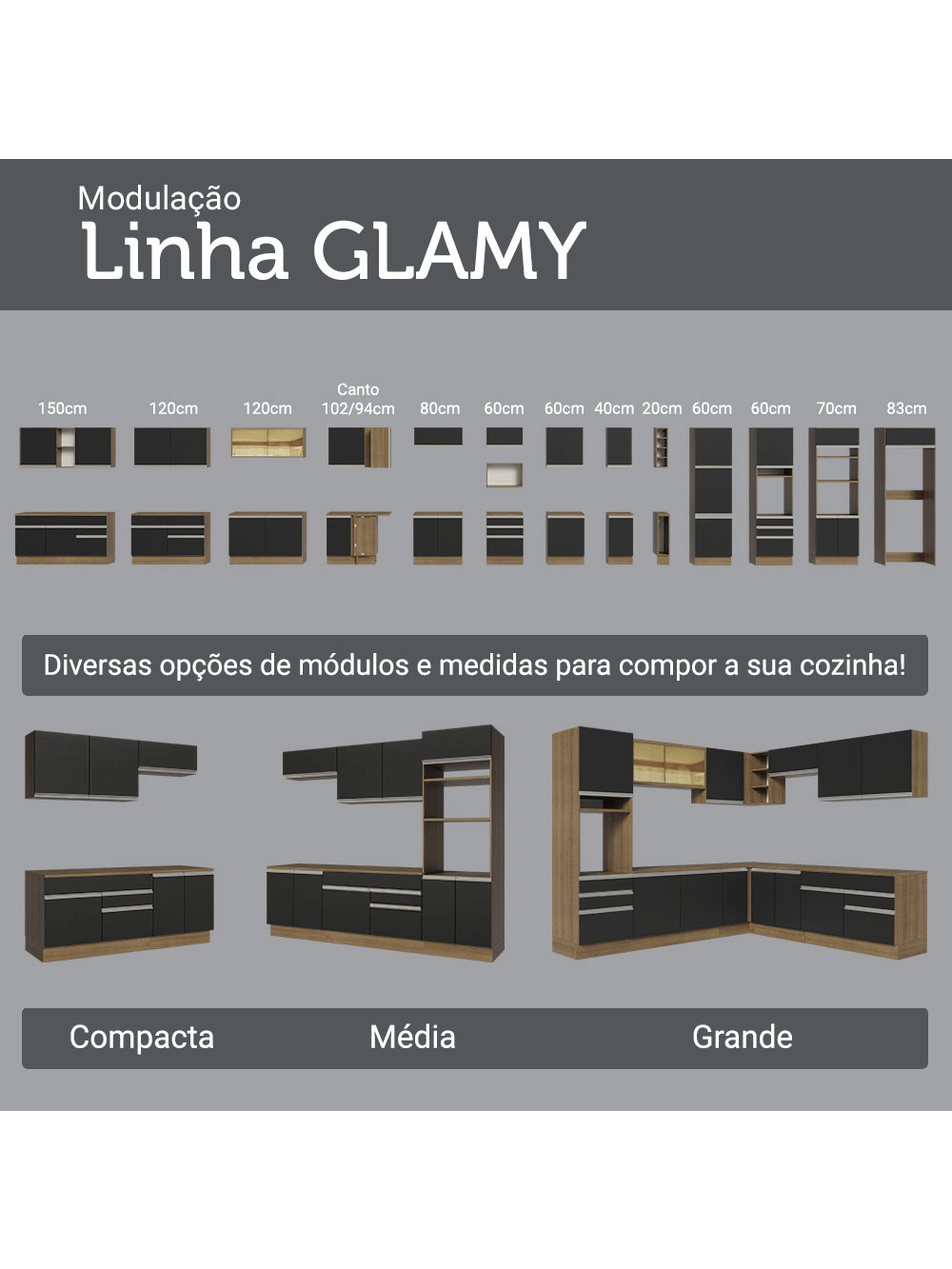 Armário de Cozinha Completa 270cm Rustic/Preto Glamy Madesa 16