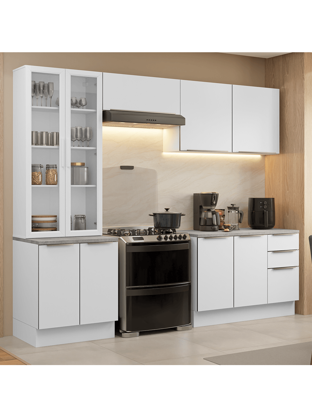 Armário de Cozinha Completa 270cm Branco/Branco Veludo Lux Madesa 04 - Branco/Branco Veludo