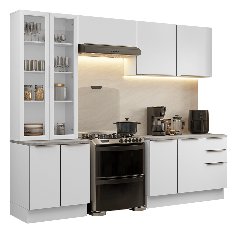Armário de Cozinha Completa 270cm Branco/Branco Veludo Lux Madesa 04 - Branco/Branco Veludo