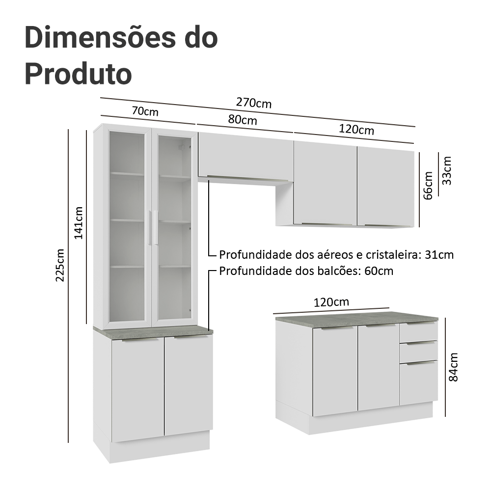Armário de Cozinha Completa 270cm Branco/Branco Veludo Lux Madesa 04