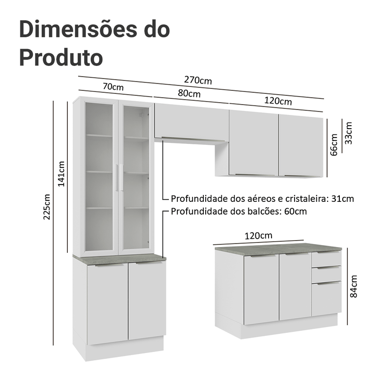 Armário de Cozinha Completa 270cm Branco/Branco Veludo Lux Madesa 04