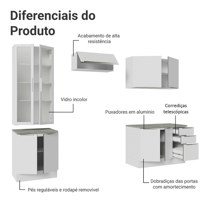 Armário de Cozinha Completa 270cm Branco/Branco Veludo Lux Madesa 04