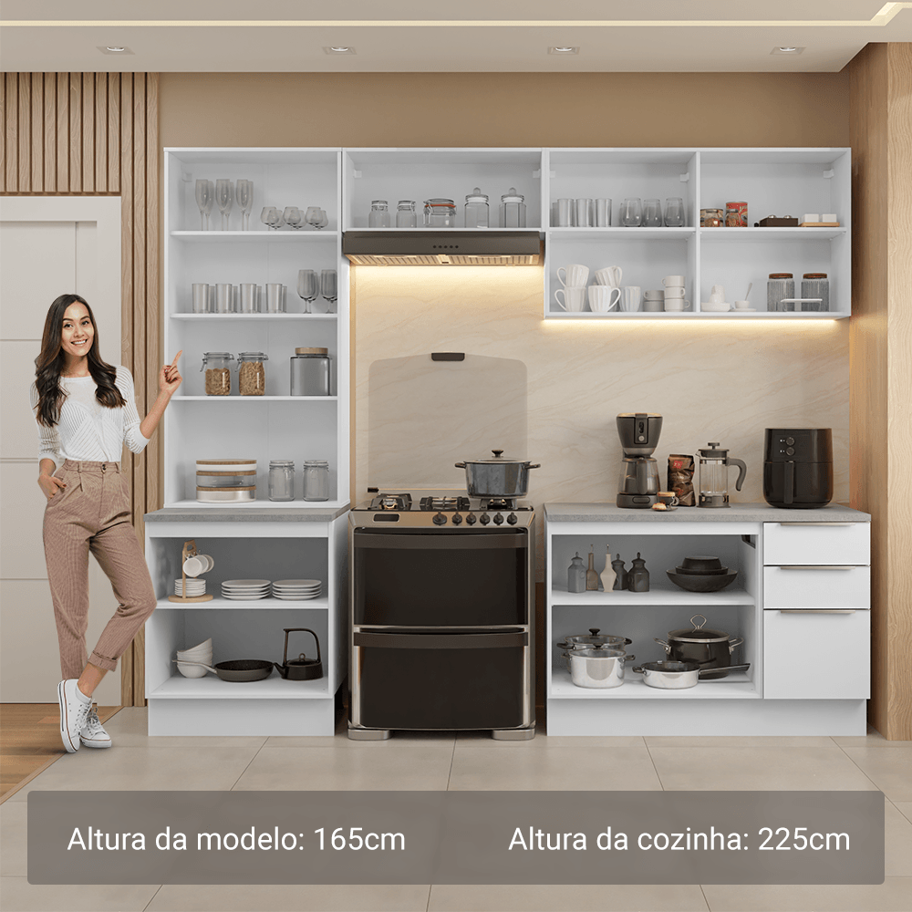 Armário de Cozinha Completa 270cm Branco/Branco Veludo Lux Madesa 04