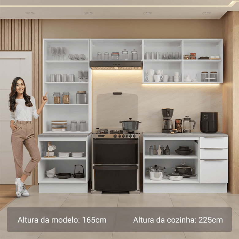 Armário de Cozinha Completa 270cm Branco/Branco Veludo Lux Madesa 04