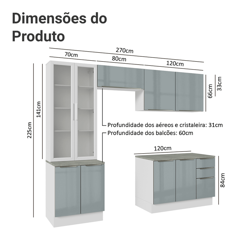Armário de Cozinha Completa 270cm Branco/Cinza Lux Madesa 04