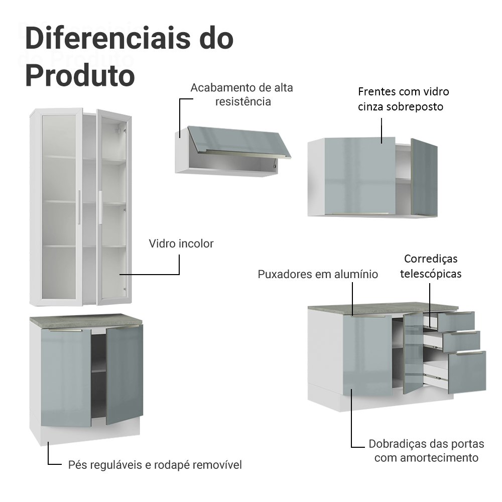 Armário de Cozinha Completa 270cm Branco/Cinza Lux Madesa 04