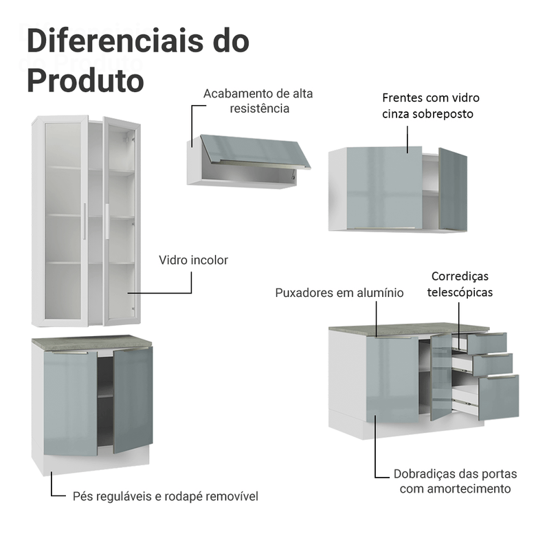 Armário de Cozinha Completa 270cm Branco/Cinza Lux Madesa 04