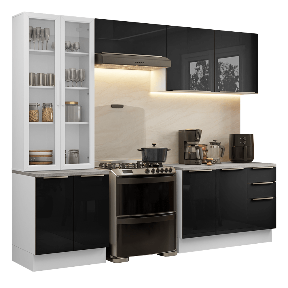 Armário de Cozinha Completa 270cm Branco/Preto Lux Madesa 04 - Branco/Preto