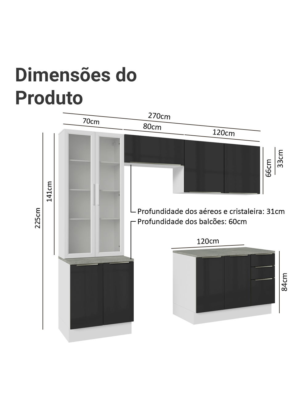 Armário de Cozinha Completa 270cm Branco/Preto Lux Madesa 04