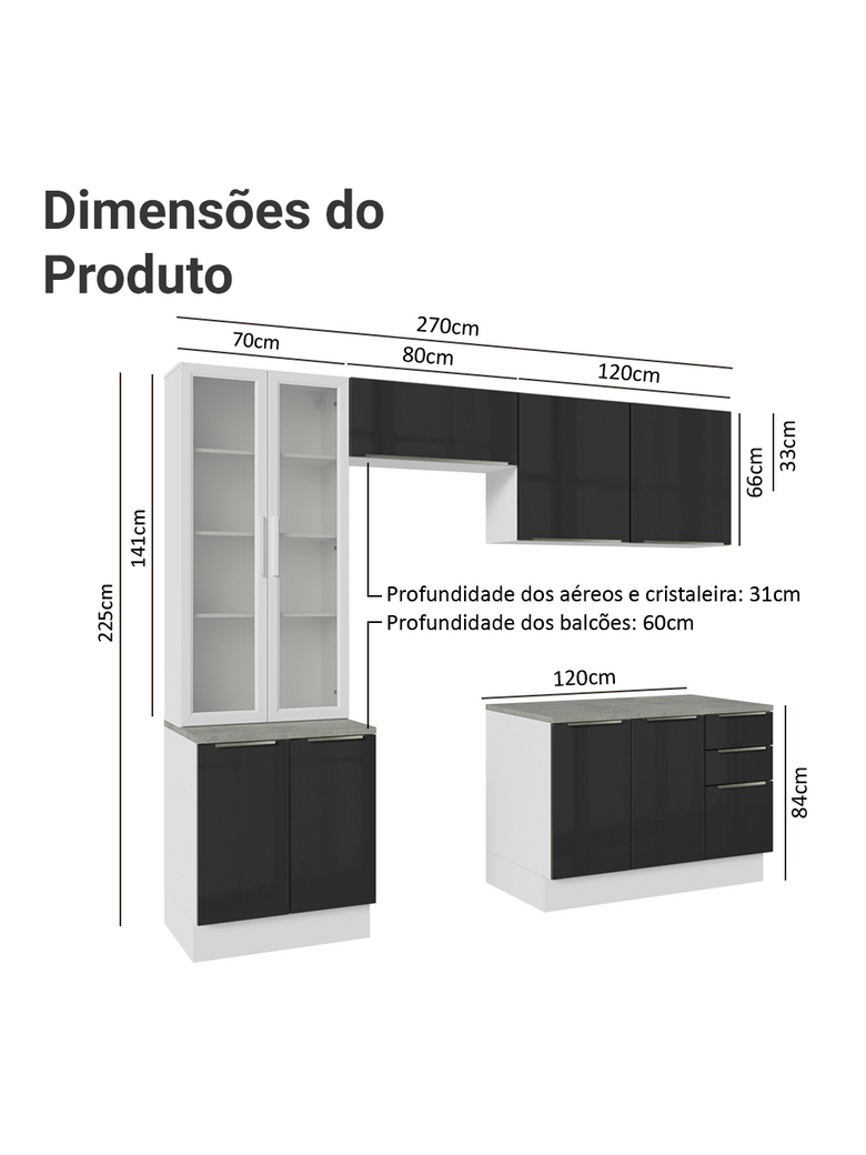 Armário de Cozinha Completa 270cm Branco/Preto Lux Madesa 04