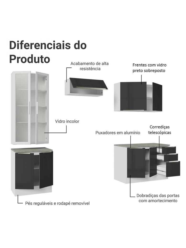 Armário de Cozinha Completa 270cm Branco/Preto Lux Madesa 04