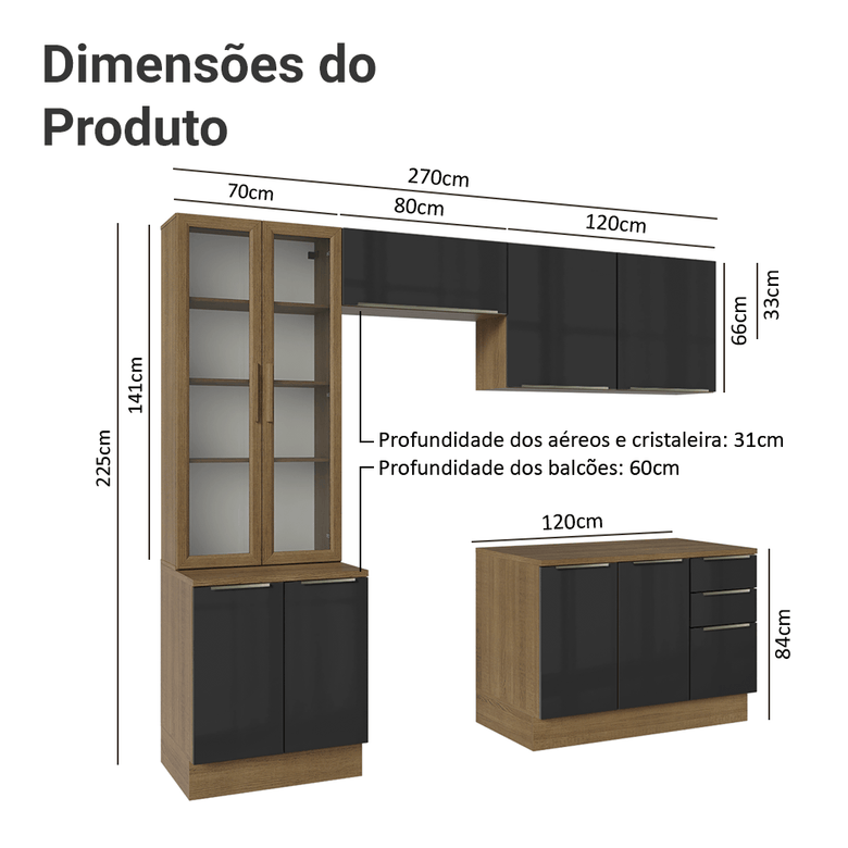 Armário de Cozinha Completa 270cm Rustic/Preto Lux Madesa 04