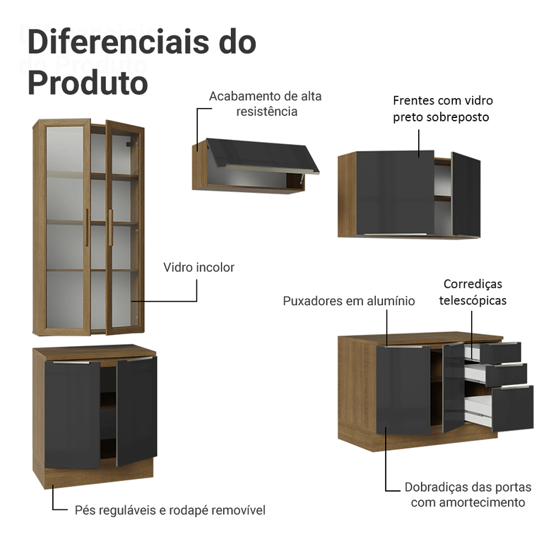 Armário de Cozinha Completa 270cm Rustic/Preto Lux Madesa 04