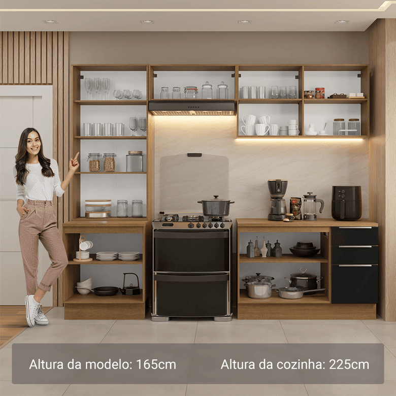 Armário de Cozinha Completa 270cm Rustic/Preto Lux Madesa 04