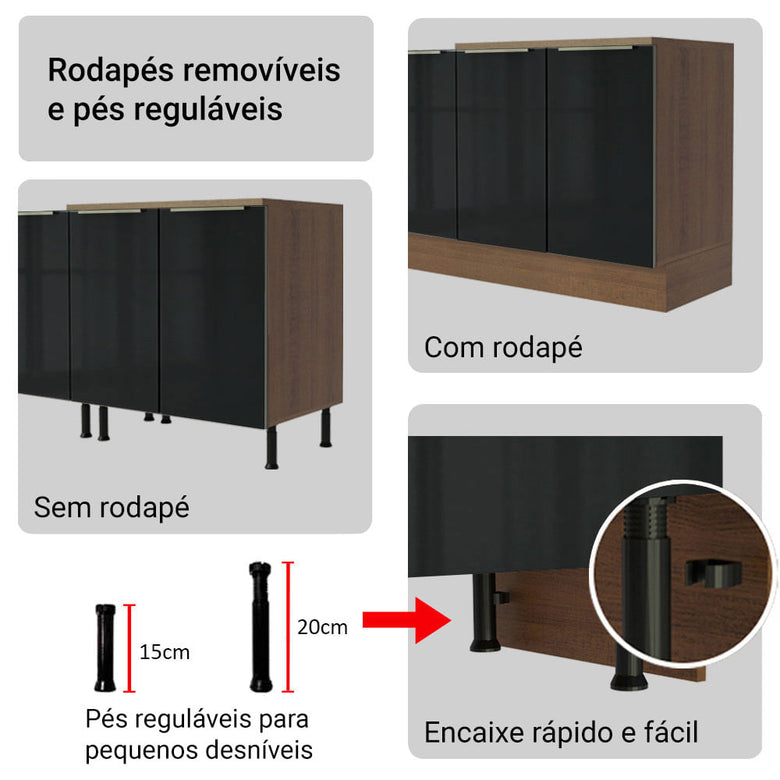 Armário de Cozinha Completa 270cm Rustic/Preto Lux Madesa 04