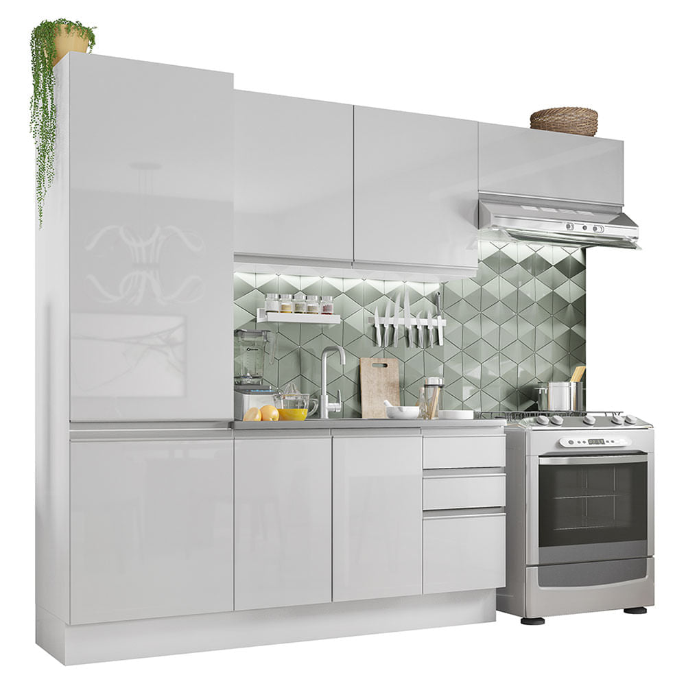 Armário de Cozinha Compacta 100% MDF 260cm Portas Branco Brilho Acordes Madesa 02 - Branco