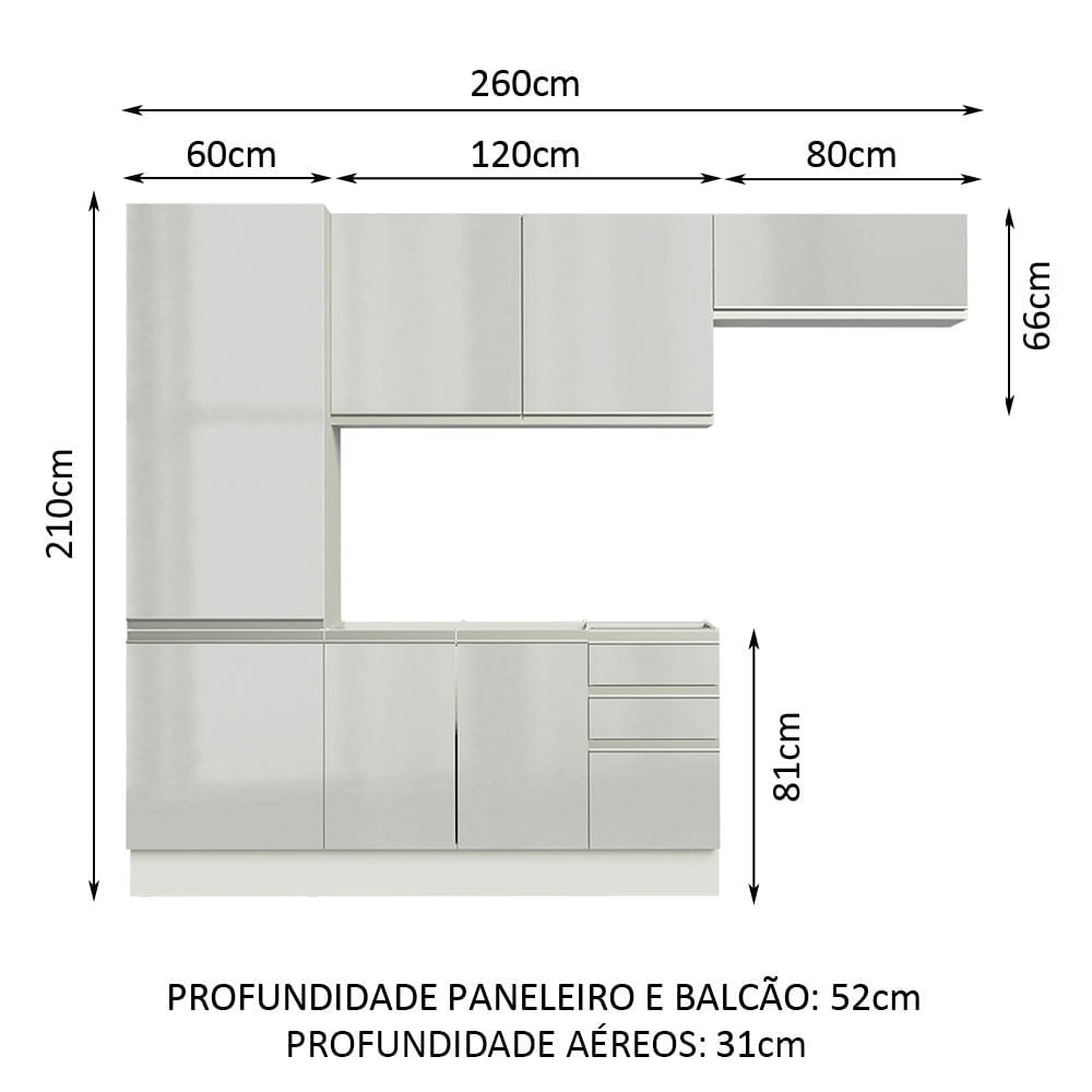 Armário de Cozinha Compacta 100% MDF 260cm Portas Branco Brilho Acordes Madesa 02