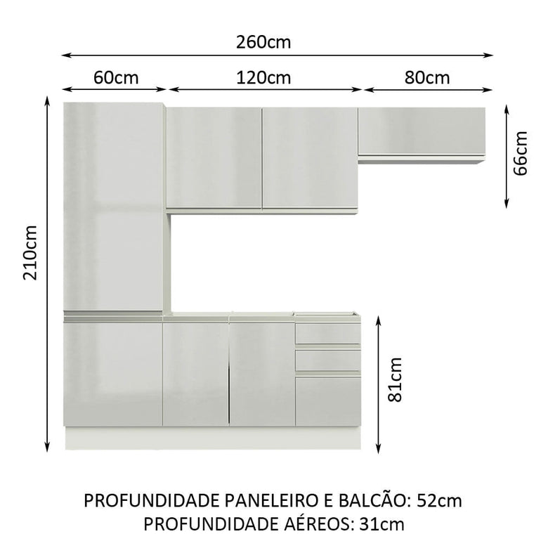 Armário de Cozinha Compacta 100% MDF 260cm Portas Branco Brilho Acordes Madesa 02
